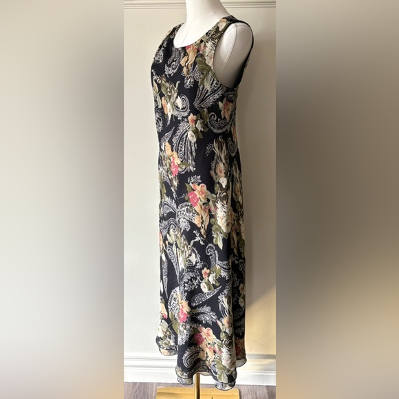 Vintage 90s Made in Canada Black Asymmetrical Ruffle Hem Paisley Floral Dress‎ - Picture 4 of 11